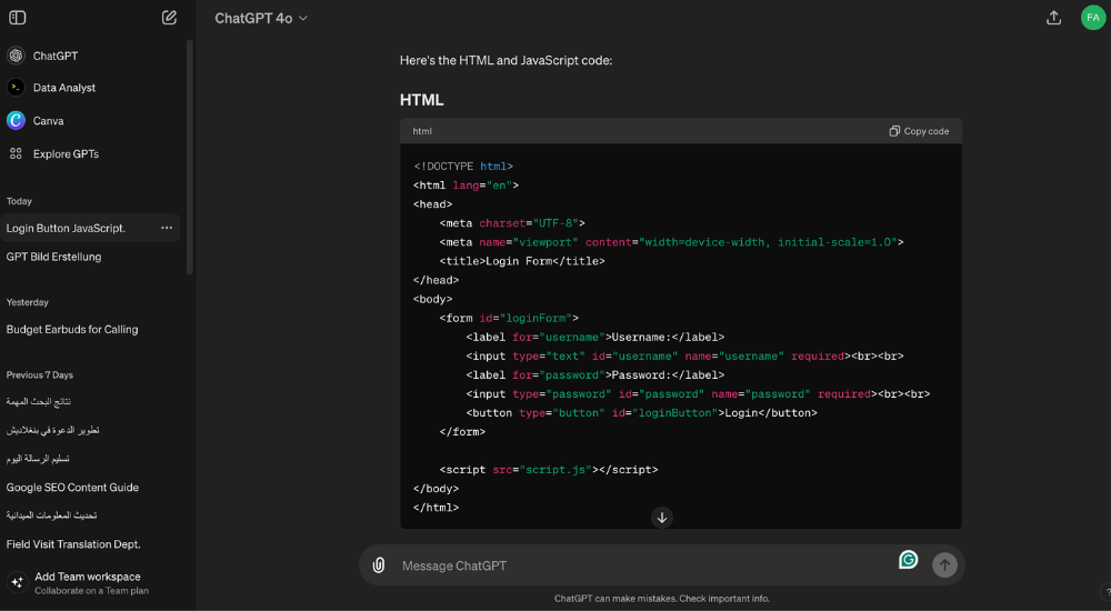 Code Generated by ChatGPT