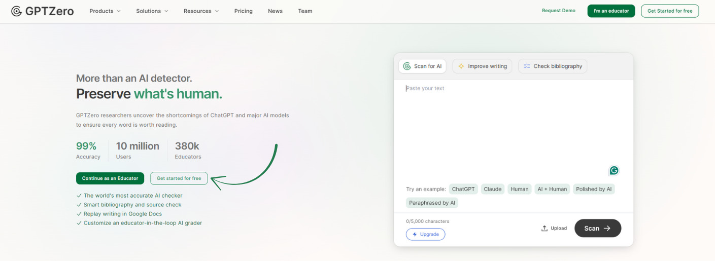 gptzero homepage