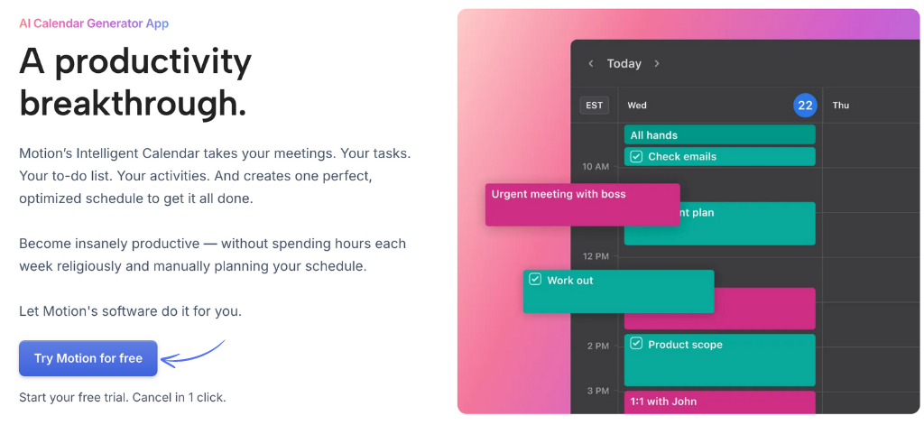 Calendar feature of Motion AI
