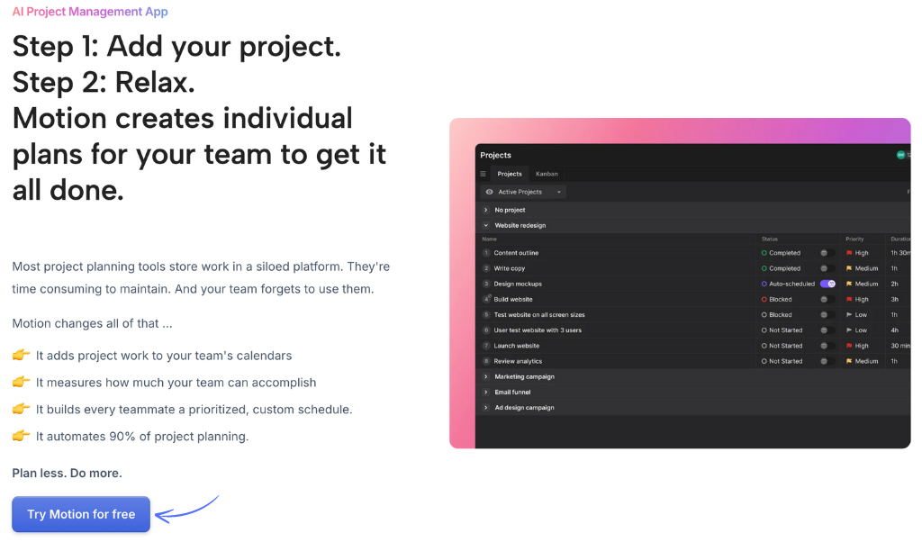 Project Management feature of Motion AI 