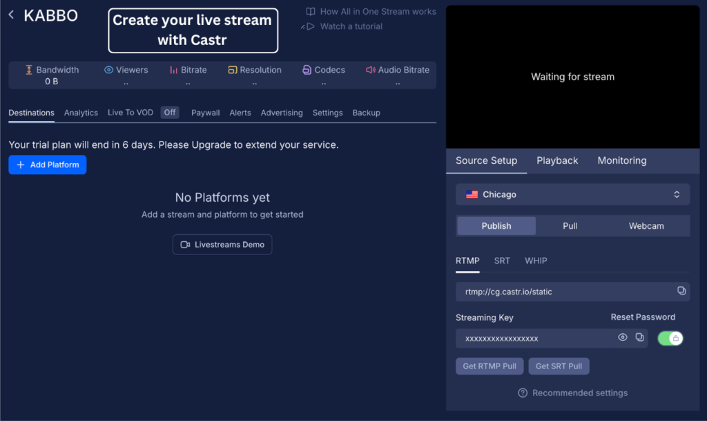 Create your live stream with Castr