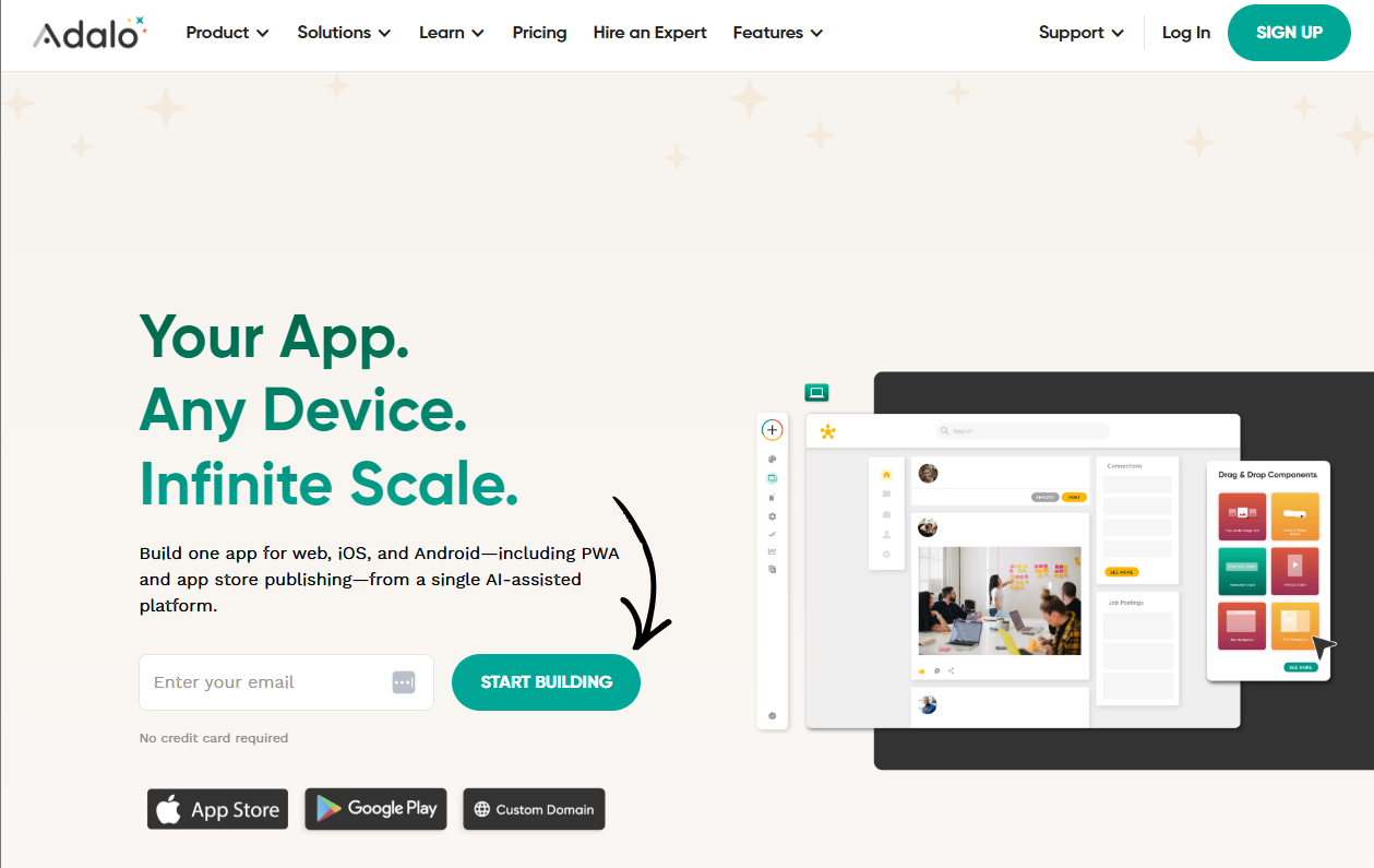 Análise do Adalo: a melhor plataforma No-Code para você em 2025? 3 adalo homepage