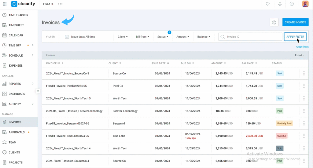 Clockify Invoicing from Tracked Time