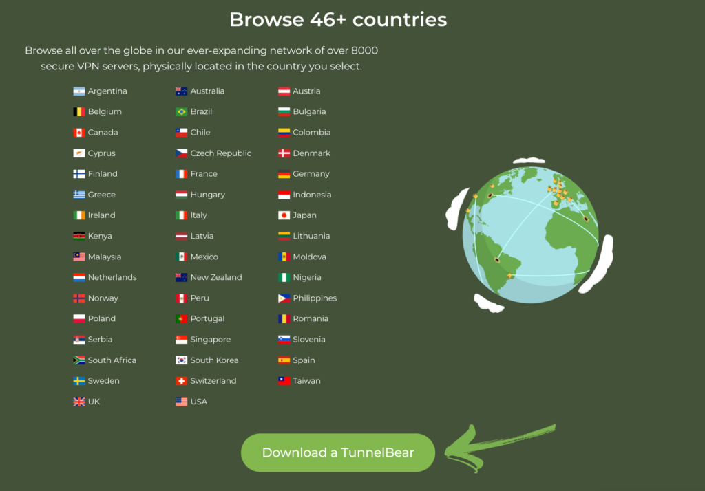 Browse 46+ Countries in TunnelBear