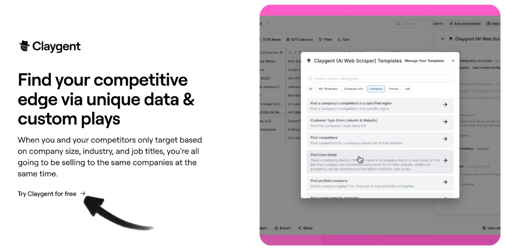 Find competitors in specific regions within Claygent AI web scraper template for targeted business analysis and competitive research.