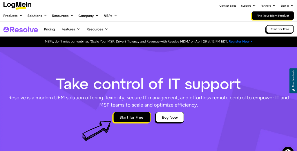 Logmein Resolve homepage