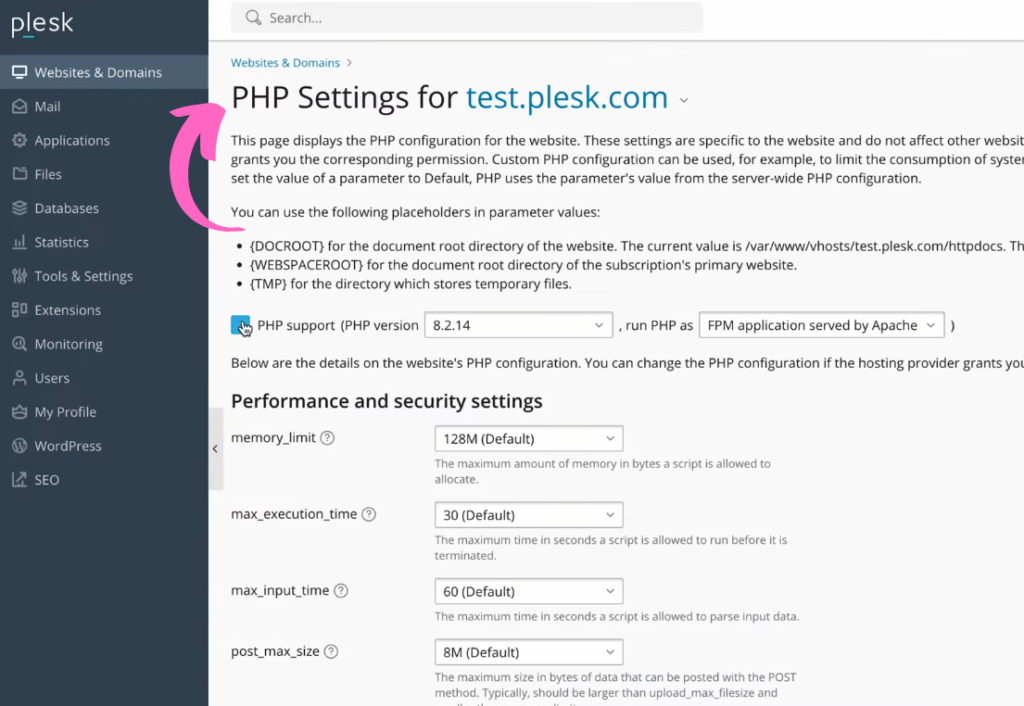 Plesk PHP Settings