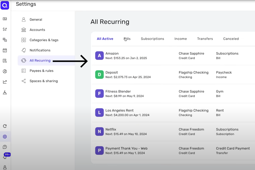 Quicken all recurring
