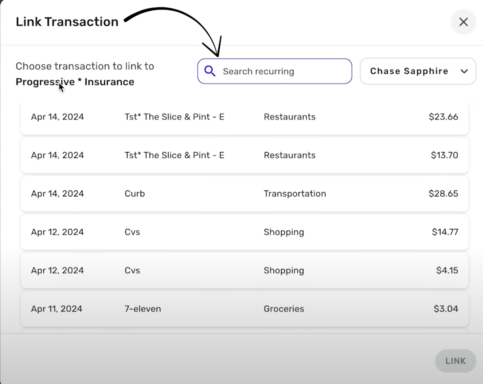 Quicken link transaction