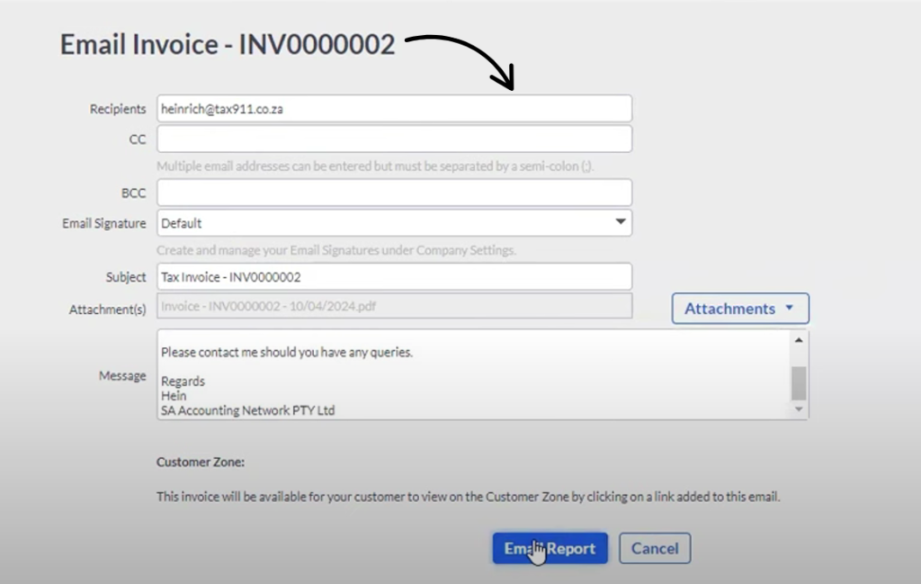 Sage email invoice