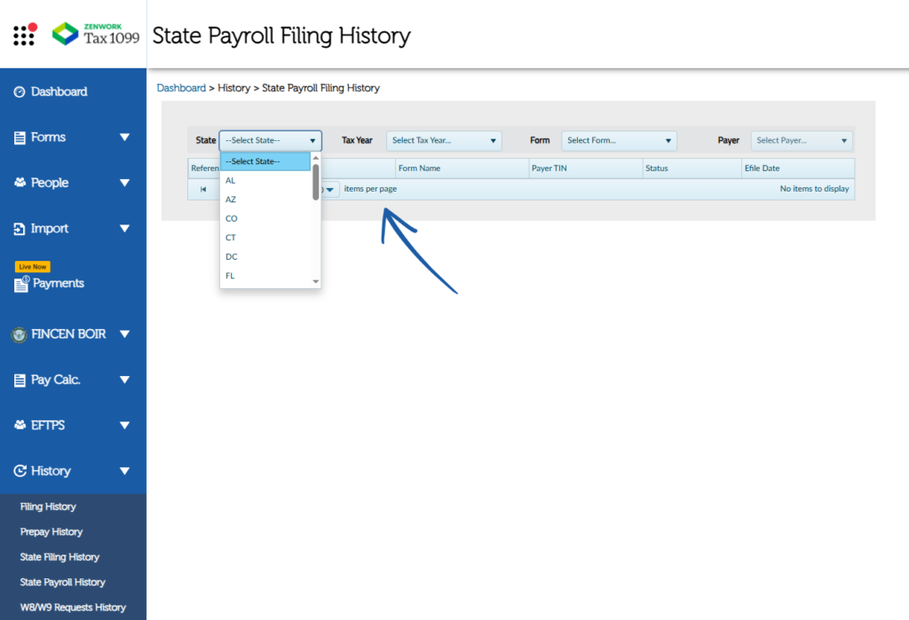 Tax1099 state payroll filing history