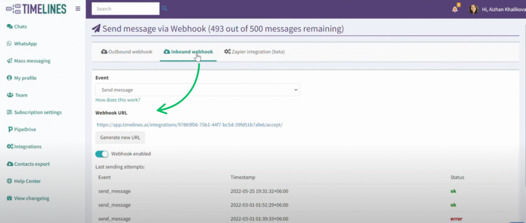 Timelinesai Message via webhook