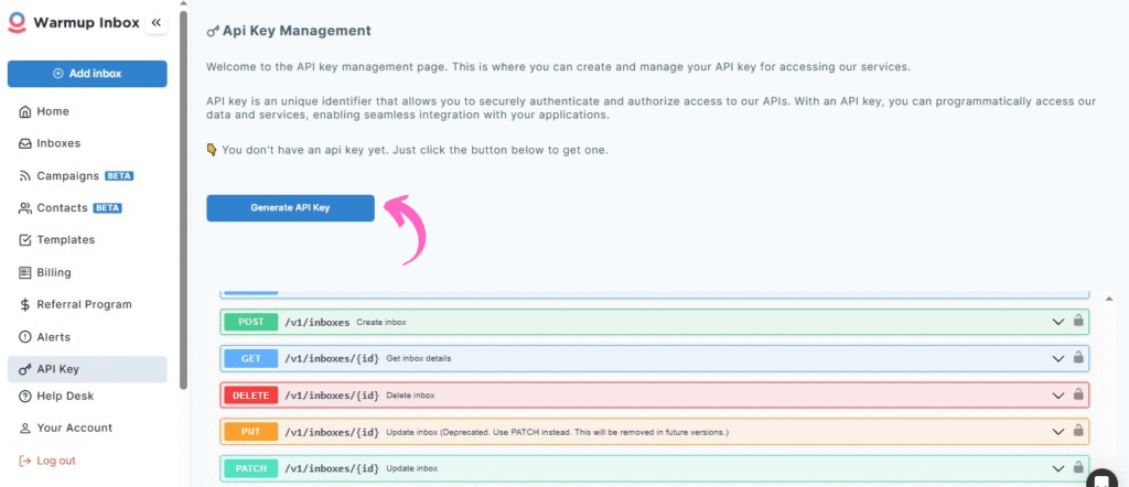 WarmupInbox API Key Management