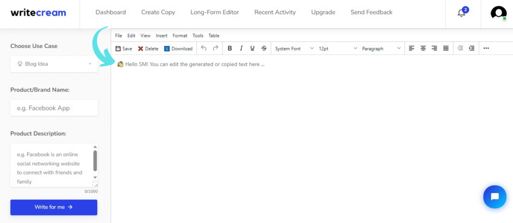 Writecream Long-Form Editor