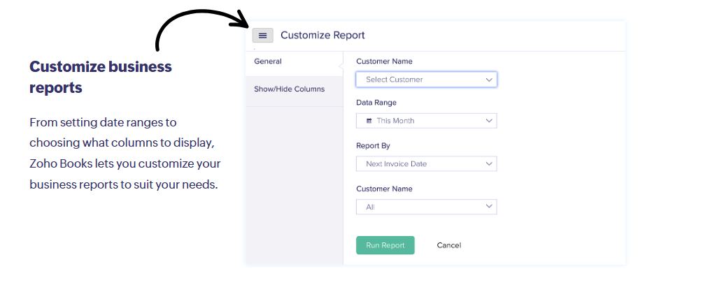 Zoho Books customize business reports