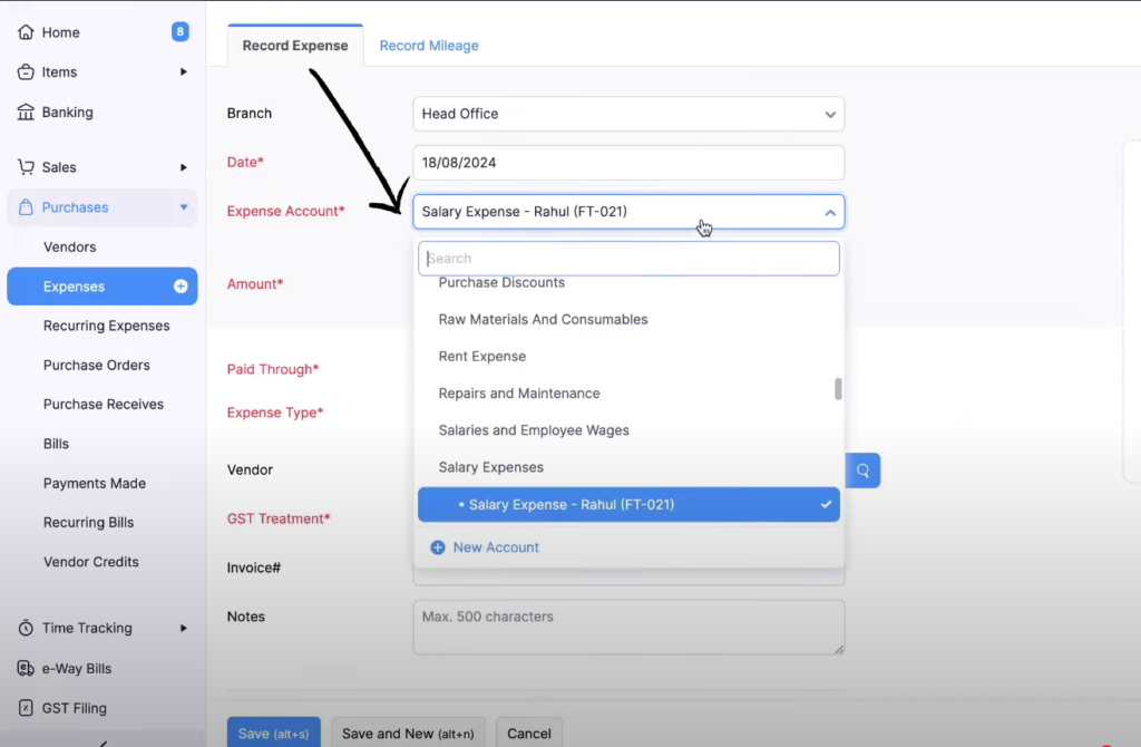 Zoho Books record expense
