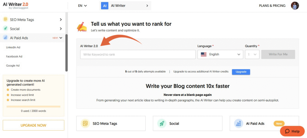 Ubersuggest AI Content Writer