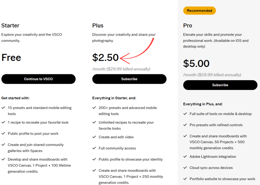 VSCO pricing
