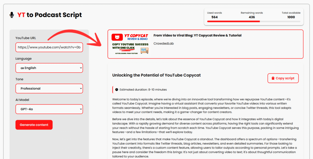 ytcopycat YT to Podcast Script
