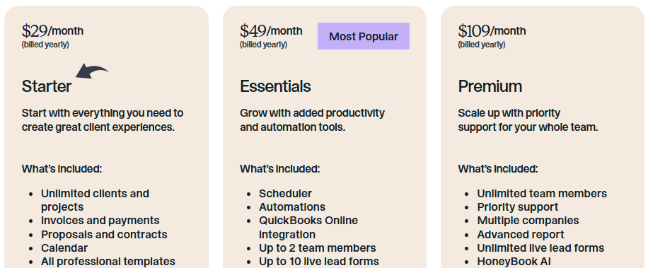 Honeybook 定价