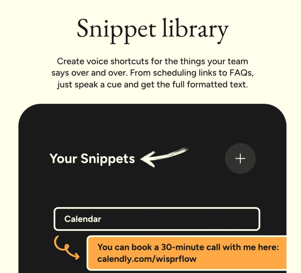 WisprFlow Review: Speak to Write Effortlessly in 2025 8 Voice command snippet library for creating team voice shortcuts and scheduling links with Fahim AI.